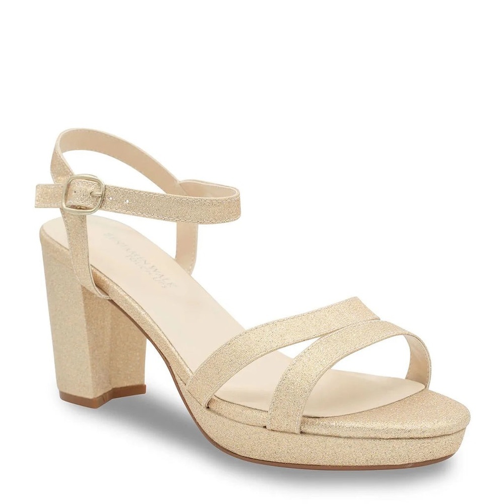 NWT Benjamin Walk Harmon Champagne Glitter Block Heel Open Toe Platform Sandals